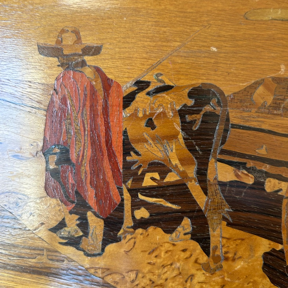 Vintage framed marquetry wood art brown tan man dog cart Jesus Salmon lot of two - Picture 4 of 9